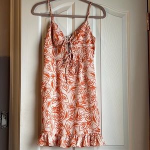 White and Orange Mini Sun Dress with a 2 Tie Front